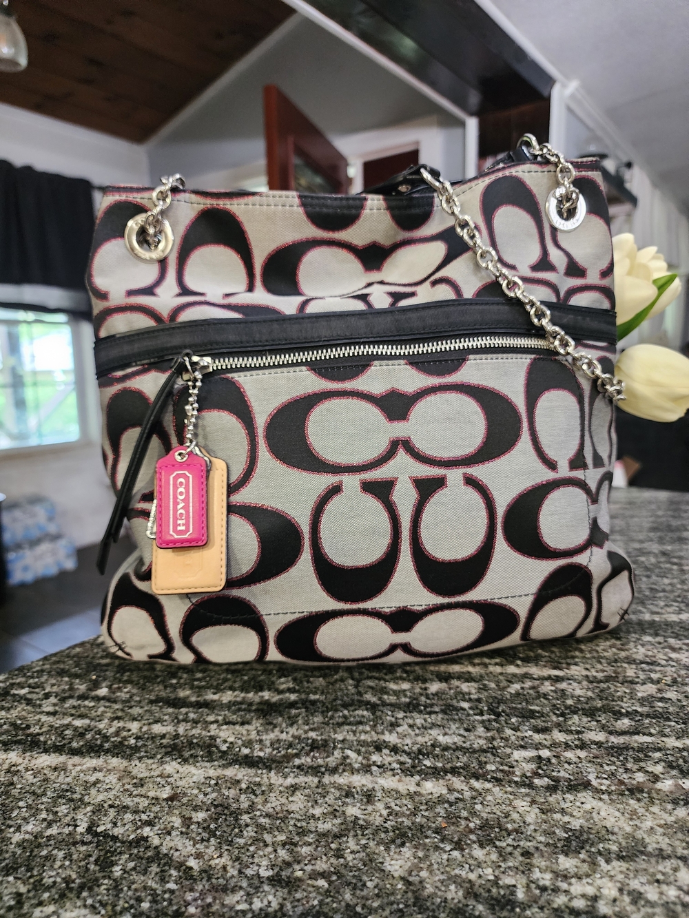 Coach Poppy Chain Signature Slim Tote In Pink/Black